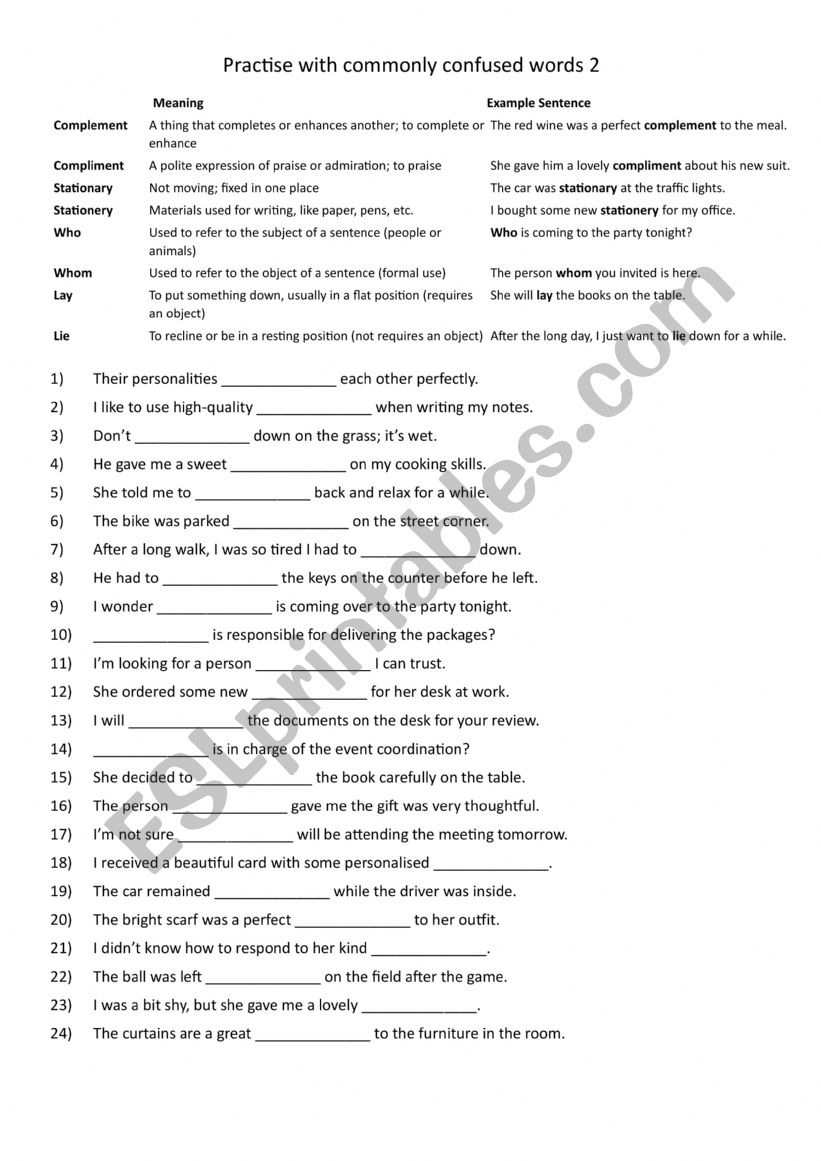 Commonly Confused Words: complement  compliment  stationary  stationery  who  whom  lay  lie 2