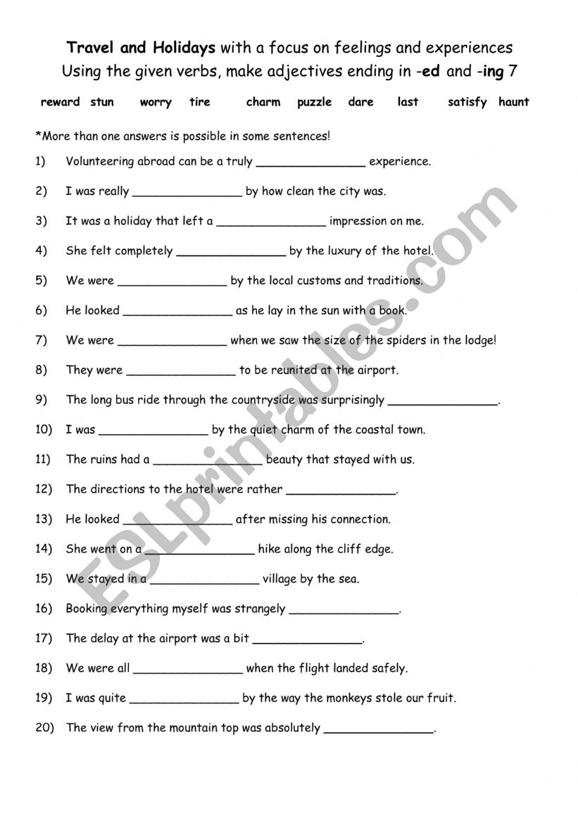 Travel and Holidays with a focus on feelings and experiences.     Using the given verbs, make adjectives ending in -ed and -ing