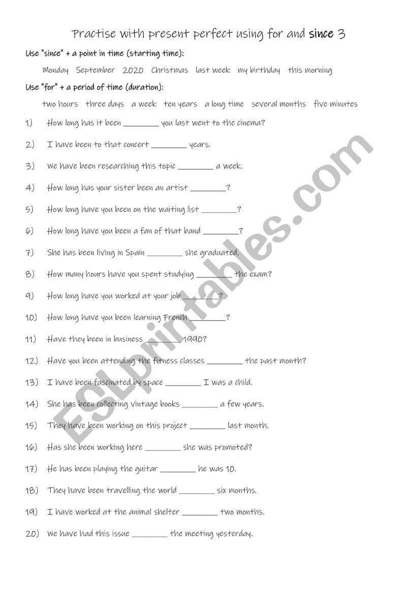 A1+-A2 Practise with present perfect using for and since 3