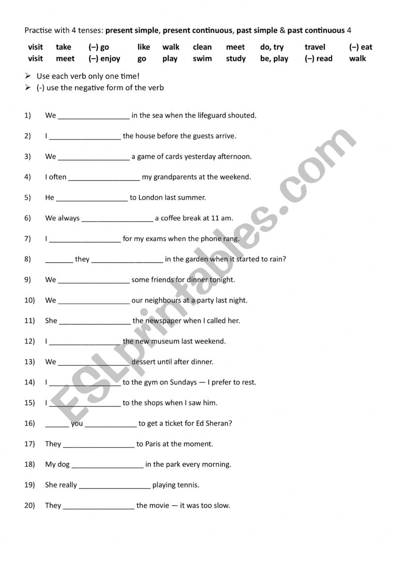 Practise with 4 tenses present simple, present continuous, past simple & past continuous 4
