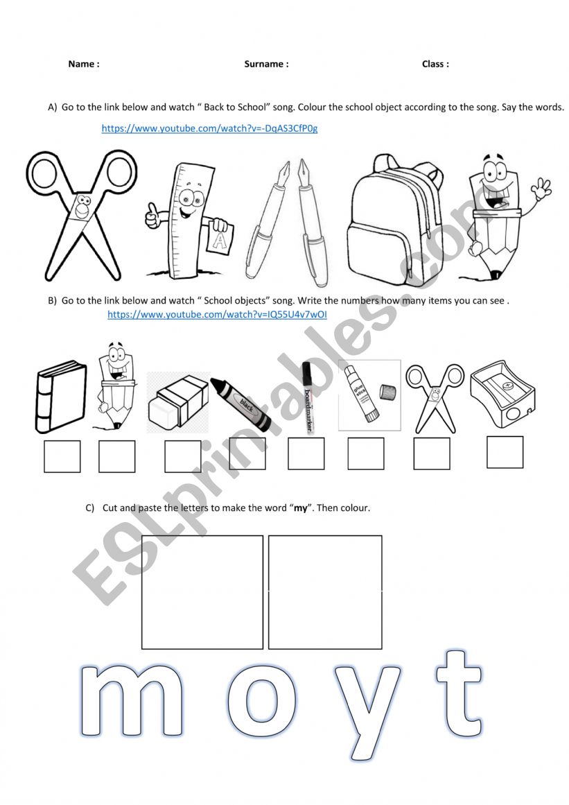 school object worksheet with videos
