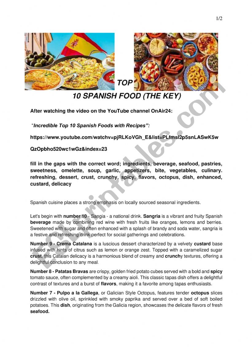 Top ten Spanish Food worksheet