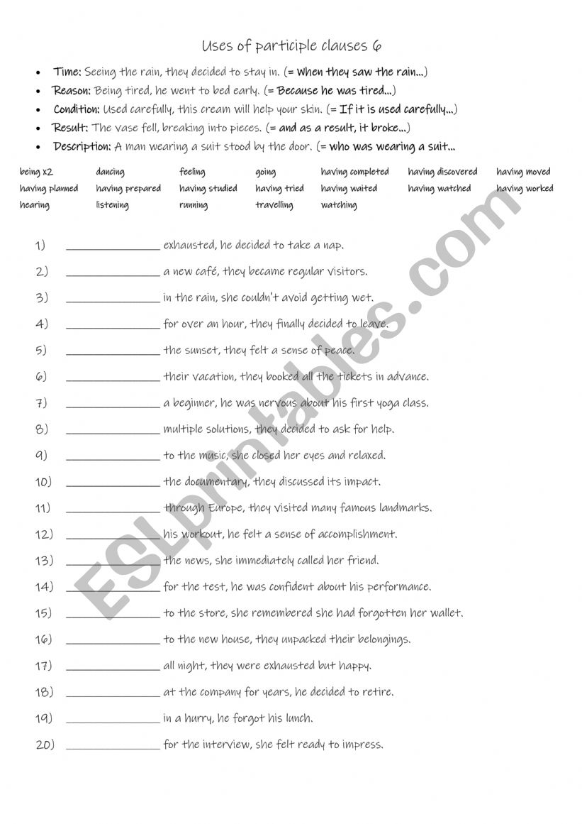 Uses of participle clauses 6 worksheet