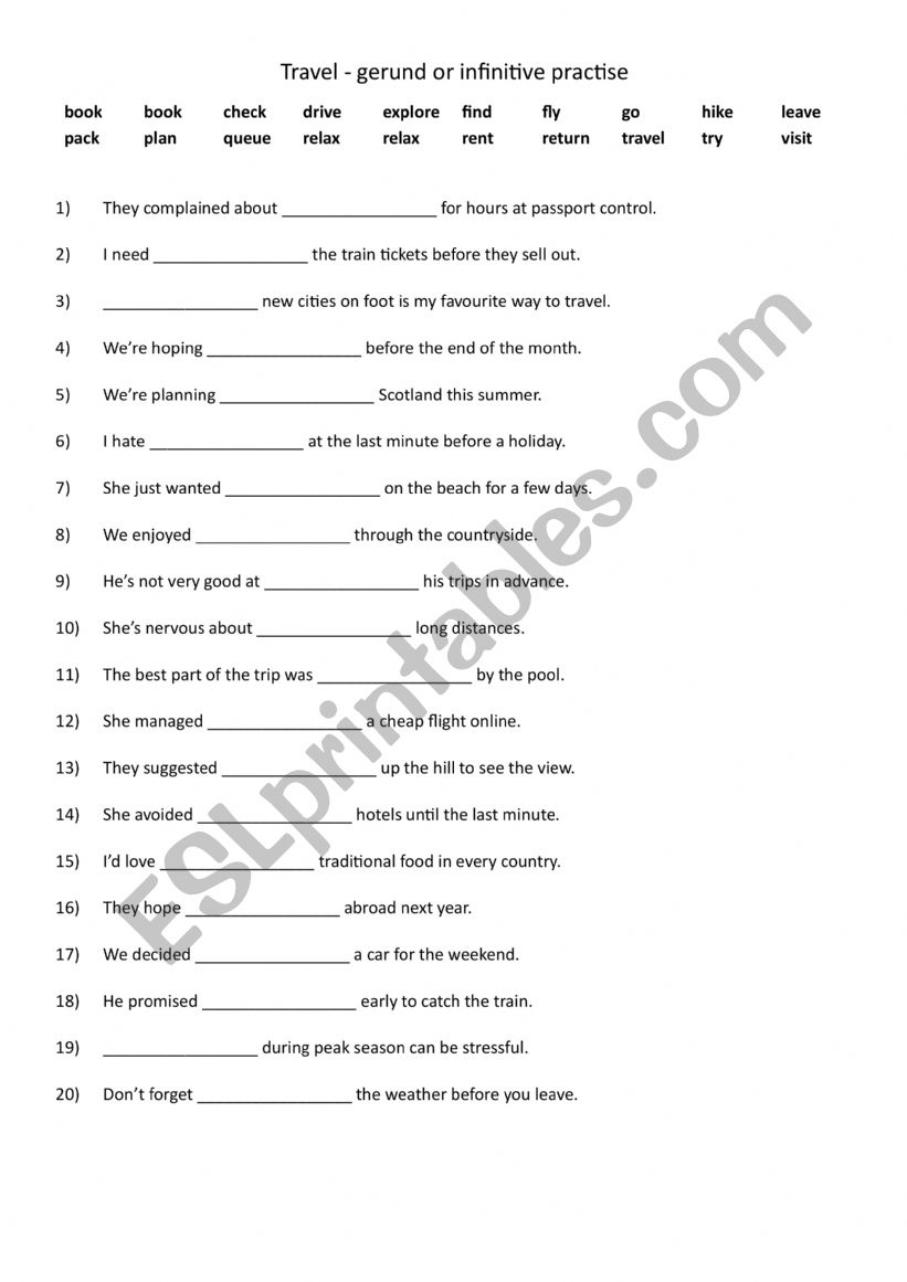 Travel with gerund and infinitive practise
