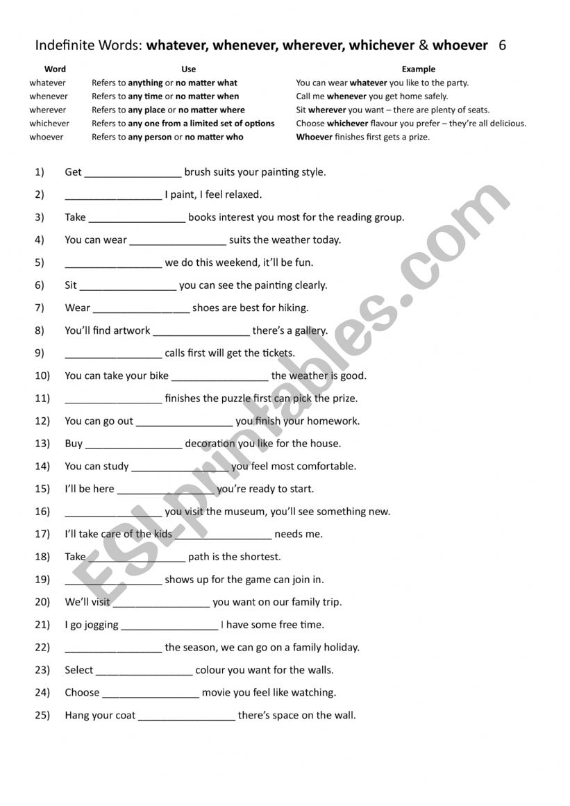 Indefinite words: whatever, whenever, wherever, whichever, whoever 6 Indefinite words: whatever, whenever, wherever, whichever, whoever 6