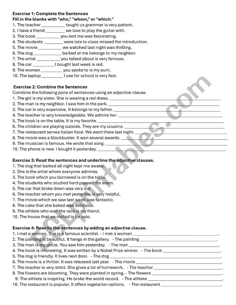 Exercise on relative clause worksheet