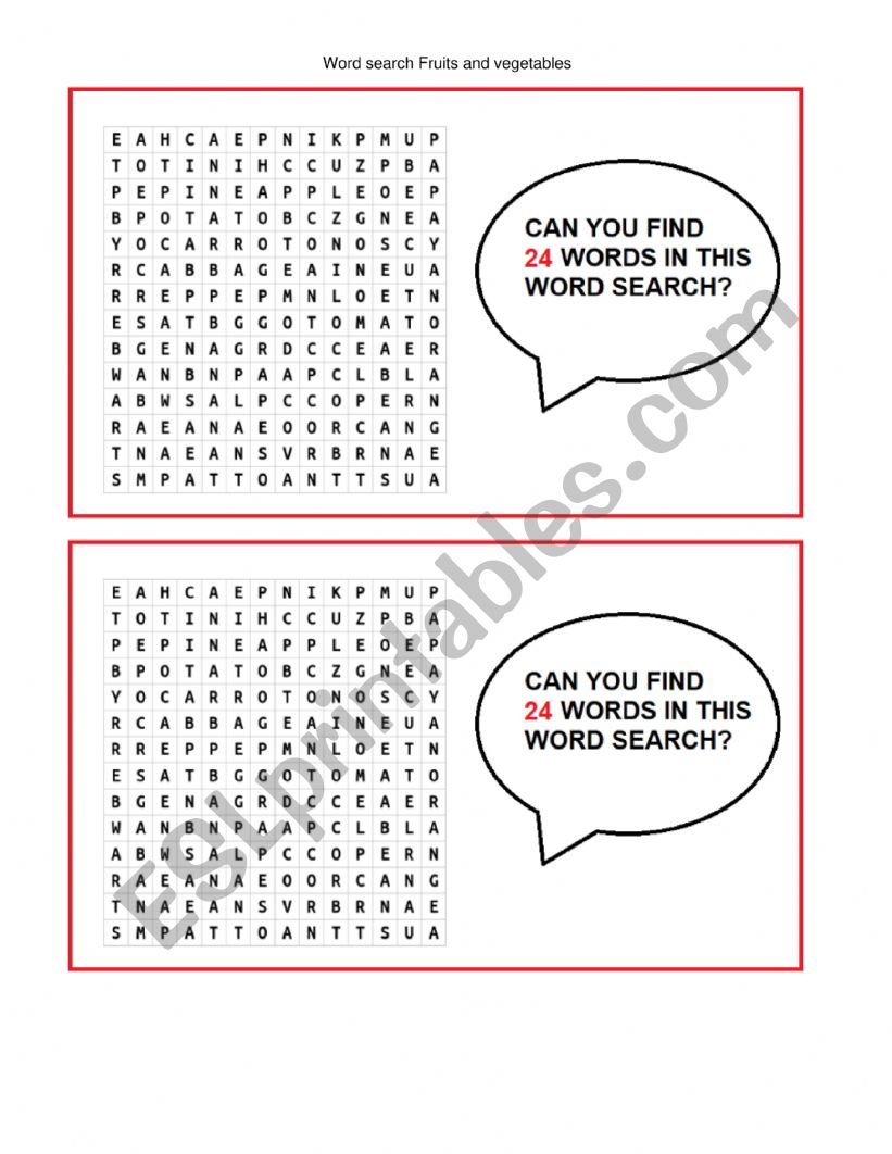Word search fruits and vegetables hard