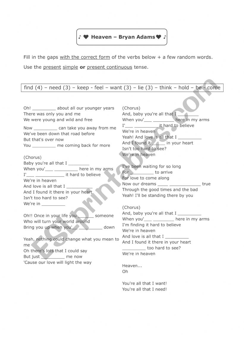 Heaven by Bryan Adams worksheet