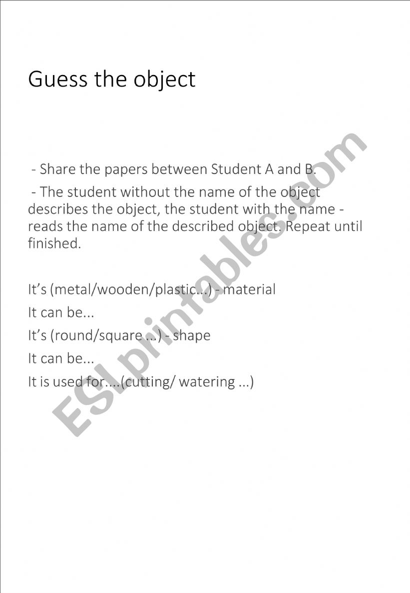Guess the object worksheet