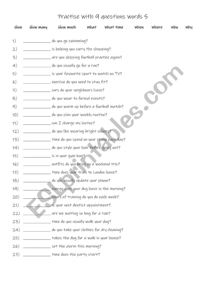Practise with 9 questions words 5