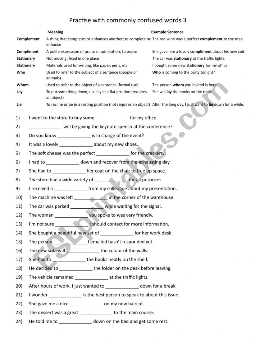 Commonly Confused Words: complement  compliment  stationary  stationery  who  whom  lay  lie 3