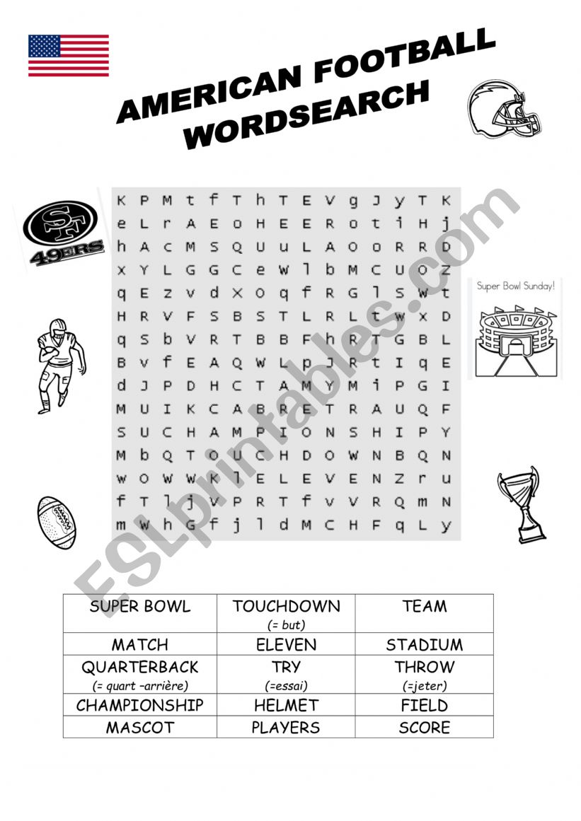 Wordsearch american football worksheet