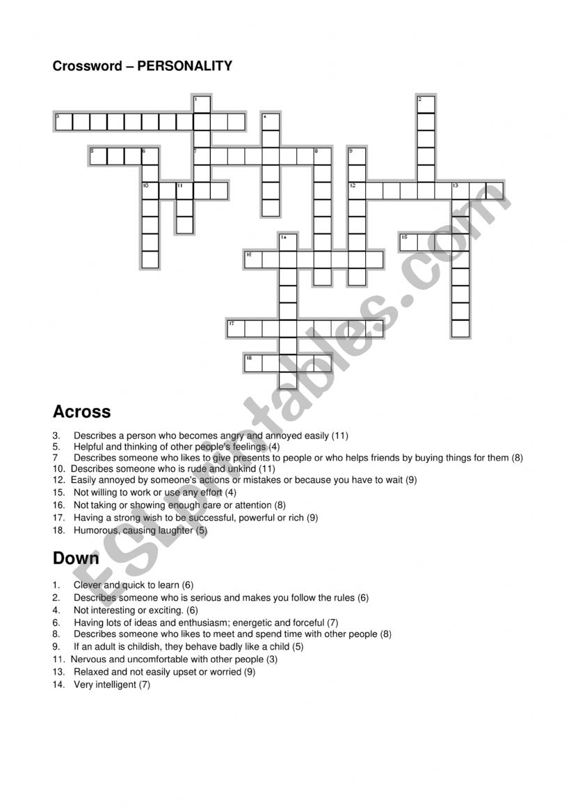 CROSSWORDS - PERSONALITY worksheet