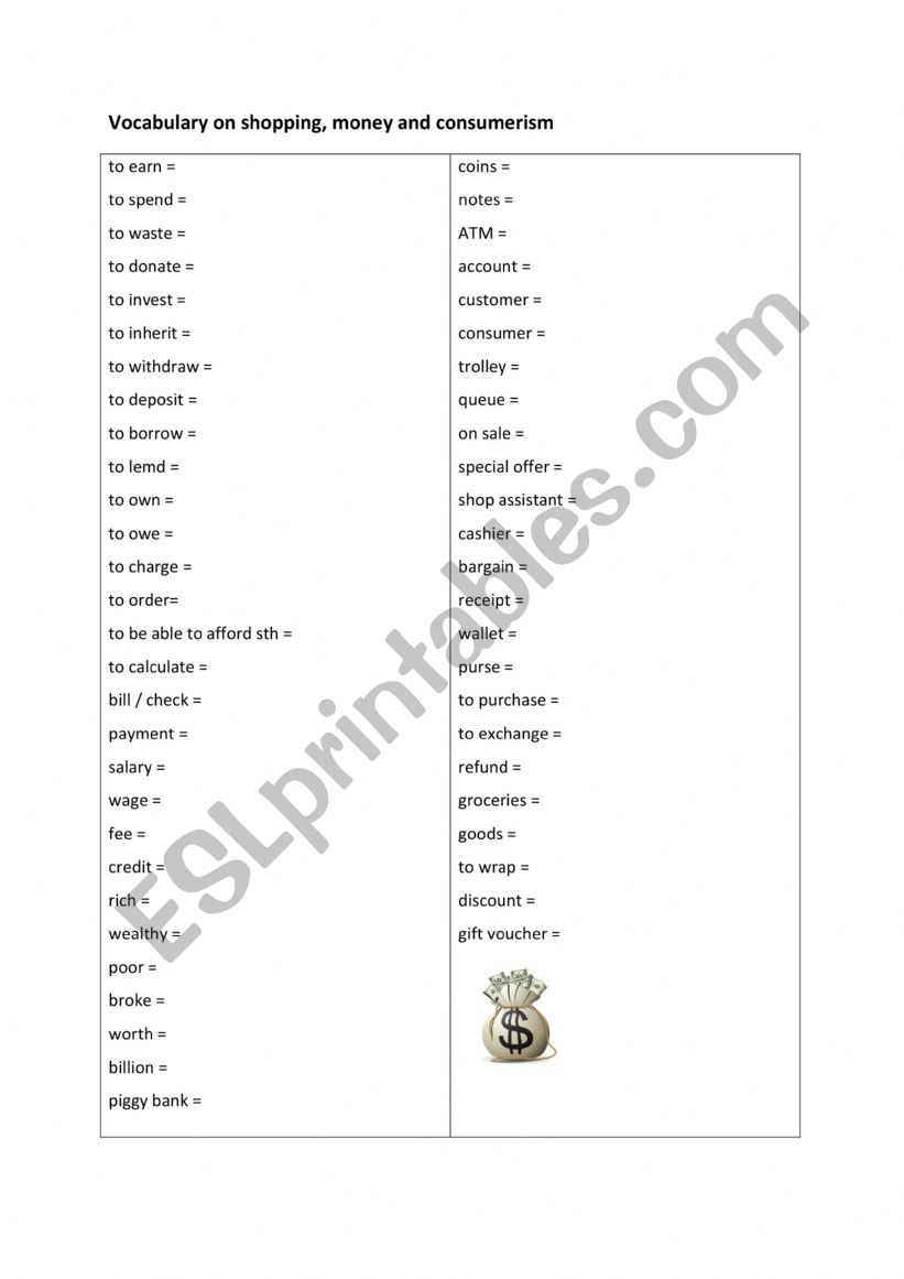 Vocabulary list  shopping money consumerism