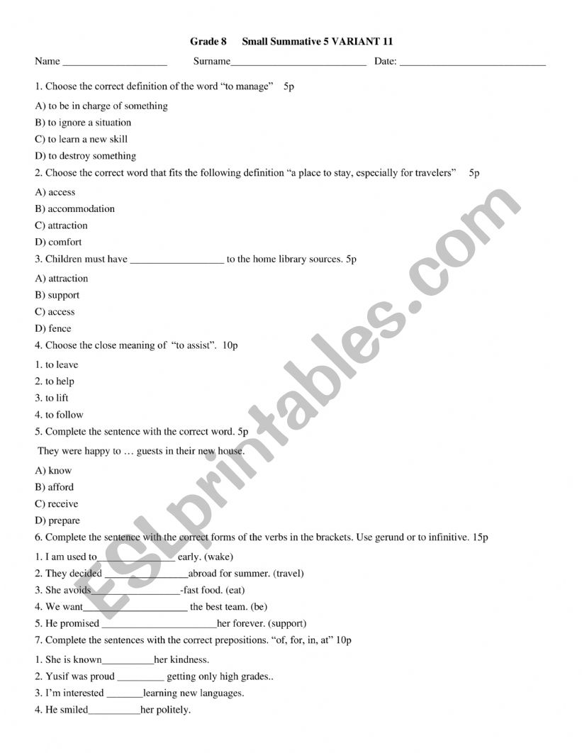 GRADE 8 ESL GRAMMAR WORKSHEET worksheet