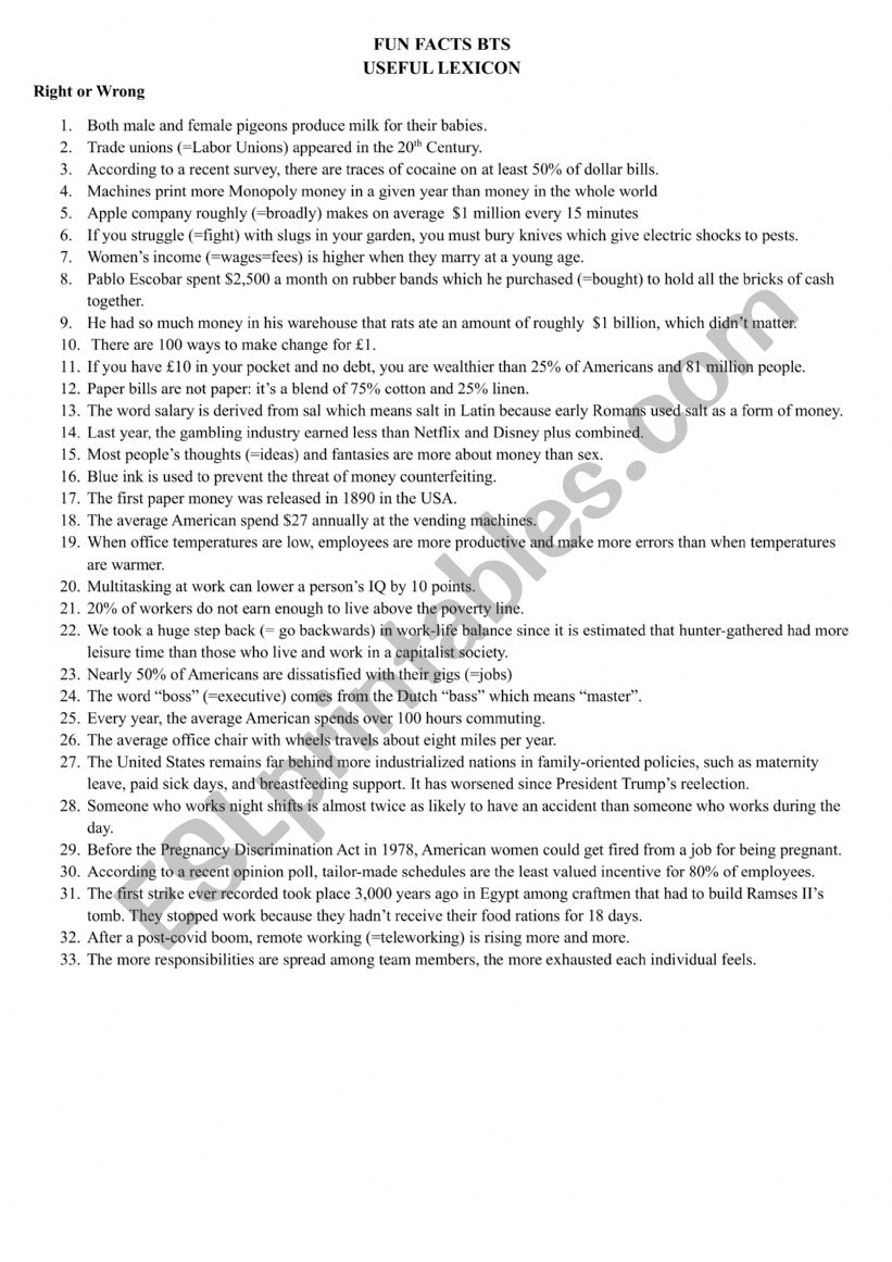 Fun facts Useful vocabulary for BTS business