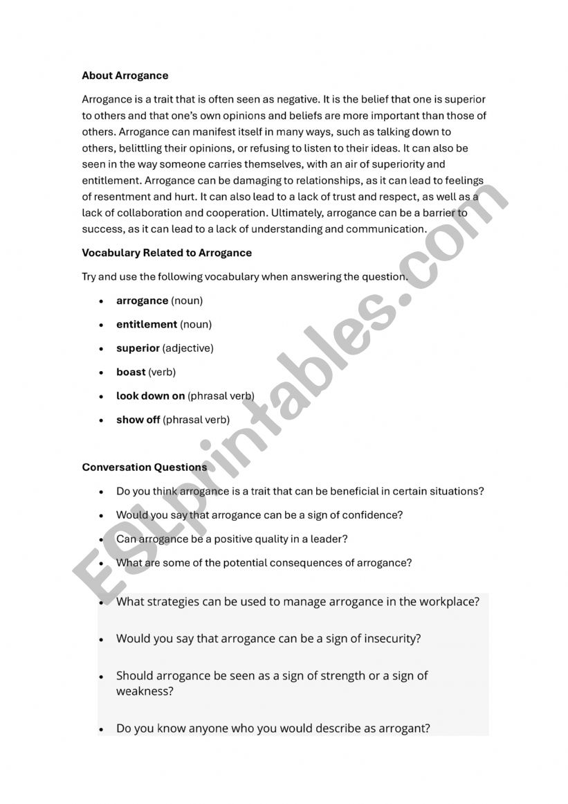 Arrogance worksheet
