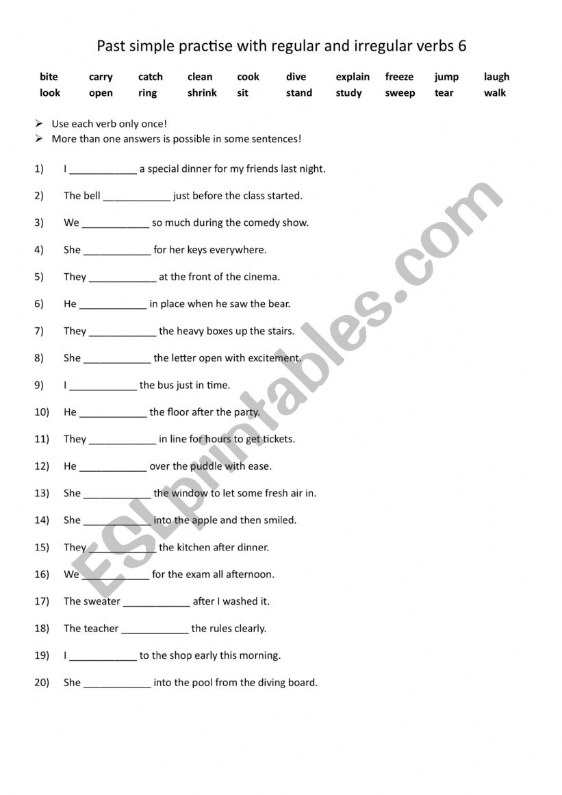 Past simple sentences practise with regular and irregular verbs 6
