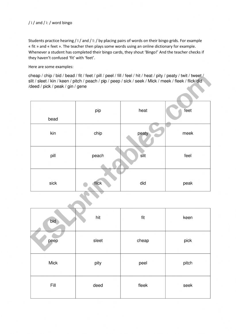 Word bingo pronunciation: making the difference between long and short i