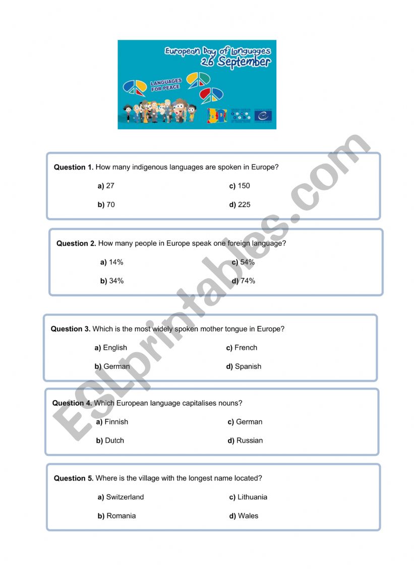 European Day of Languages worksheet
