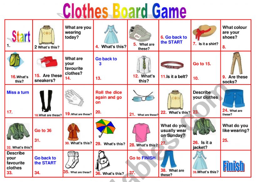 Board game about clothes worksheet