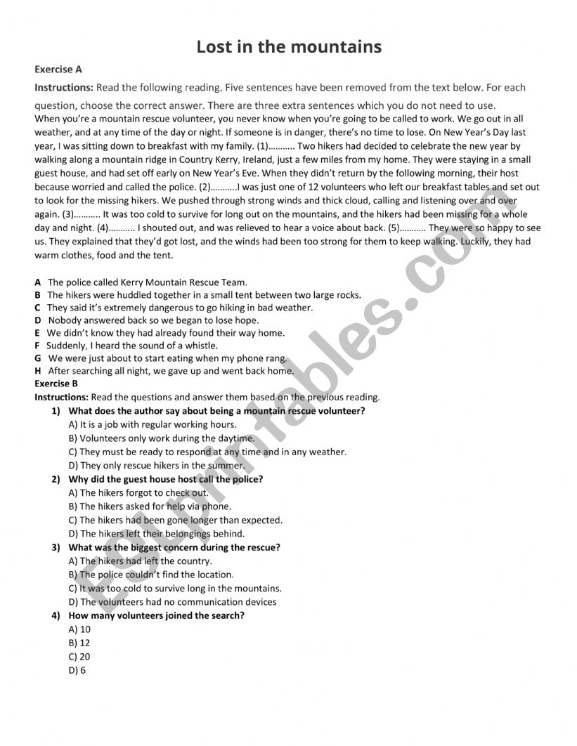 Lost in the mountain worksheet
