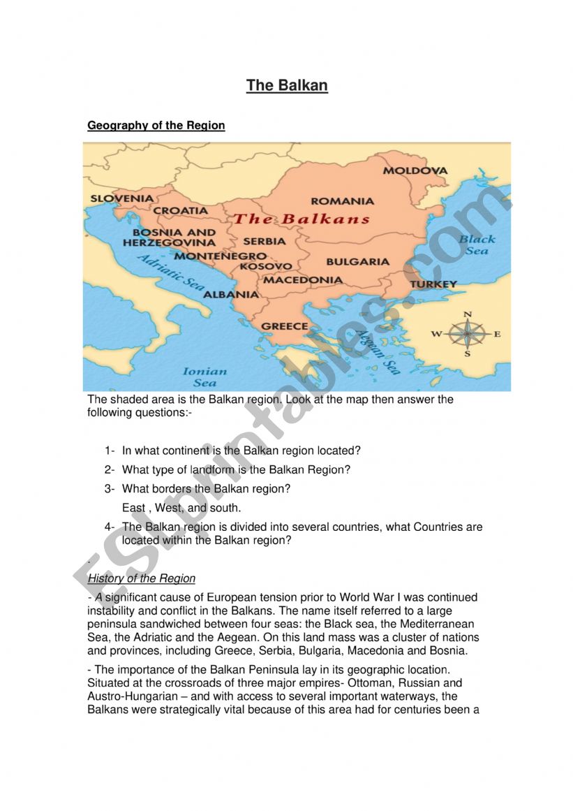 The Balkan Region  worksheet