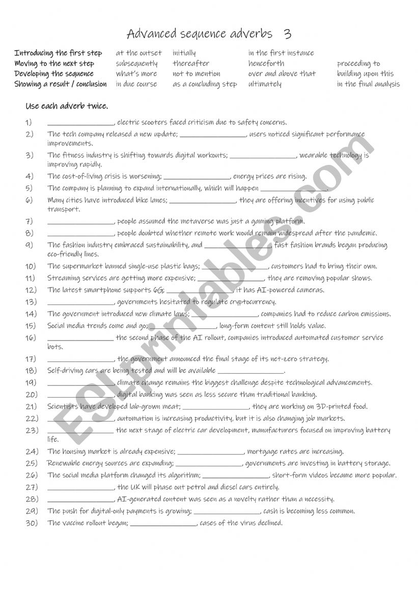 7 Advanced sequence adverbs 3 worksheet