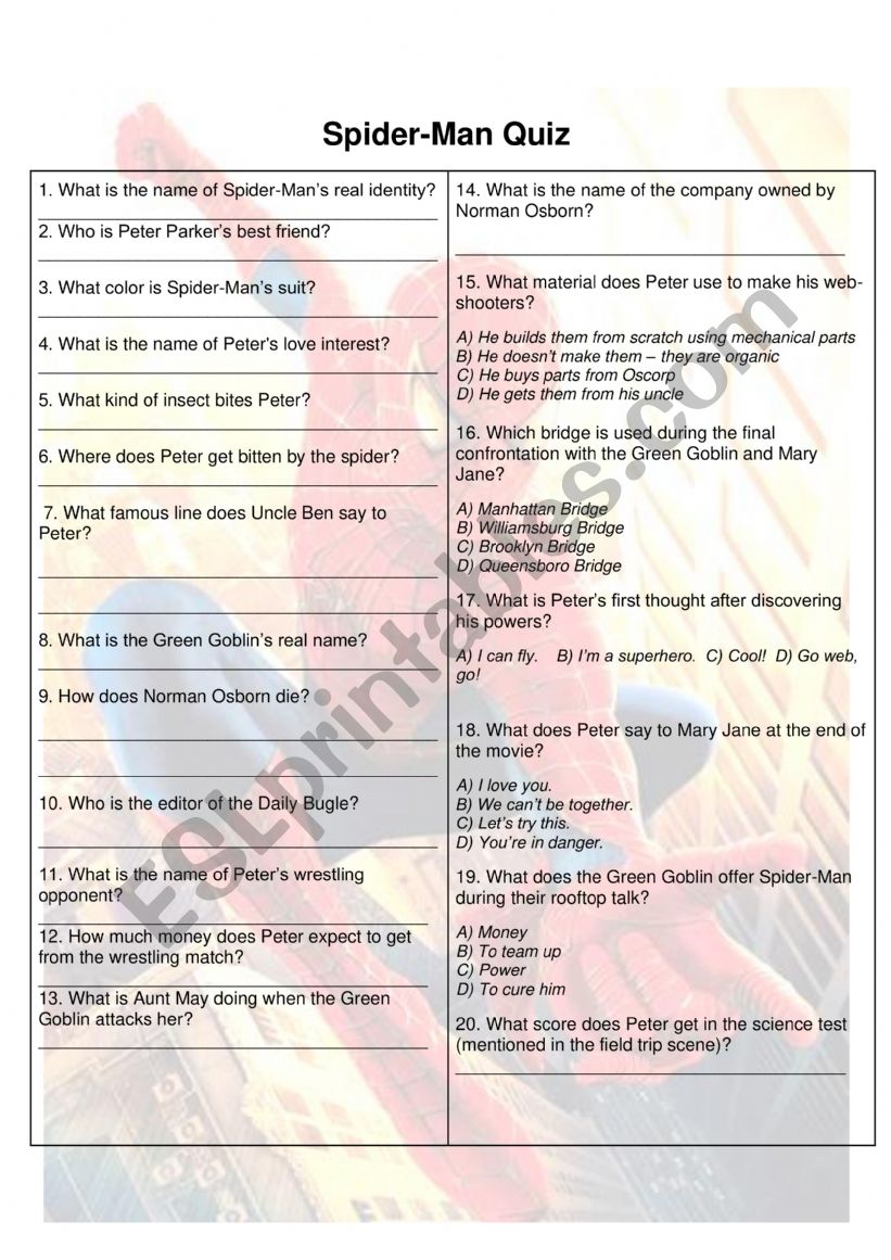 Spider-Man Quiz worksheet