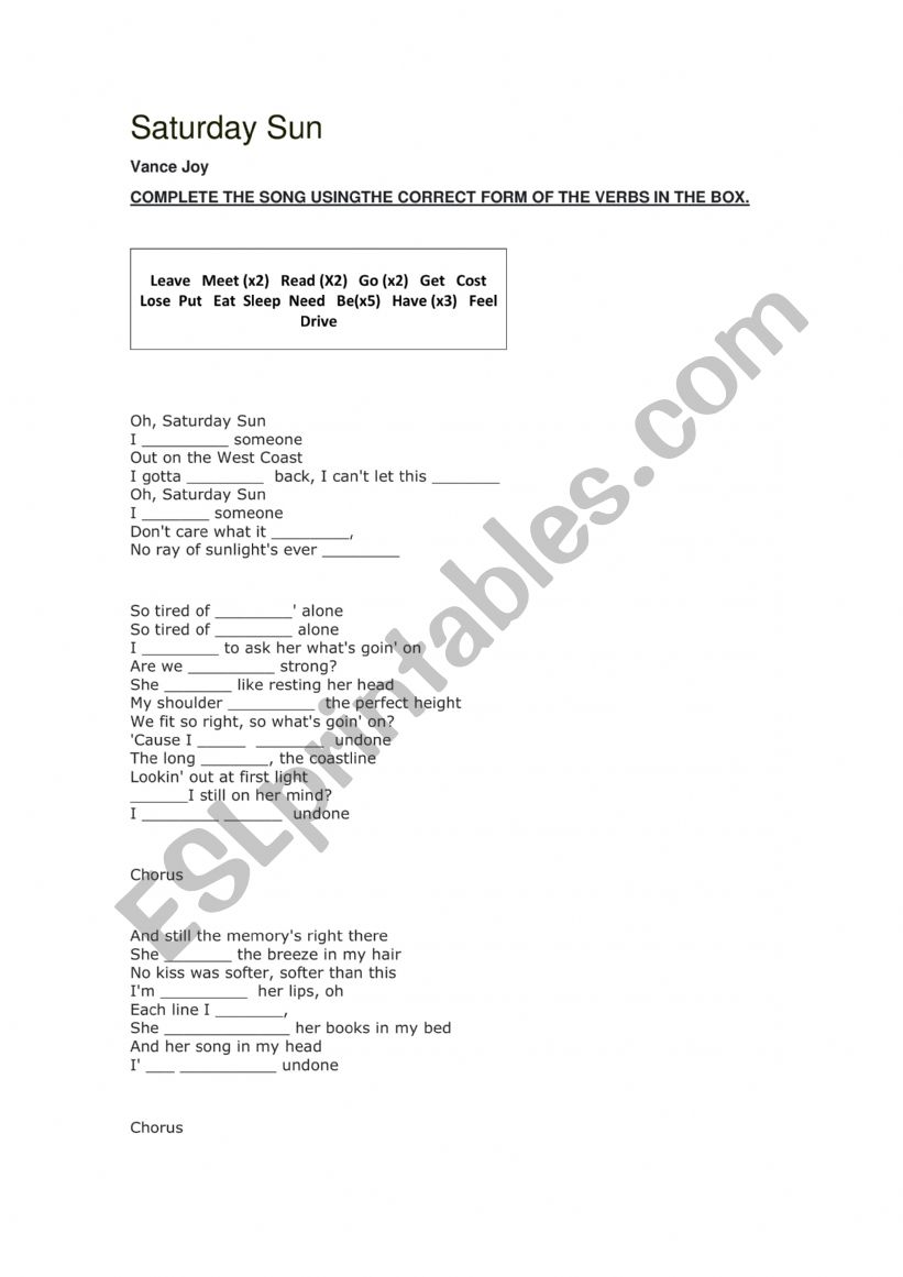 Saturday Sun Vance (verbs) worksheet