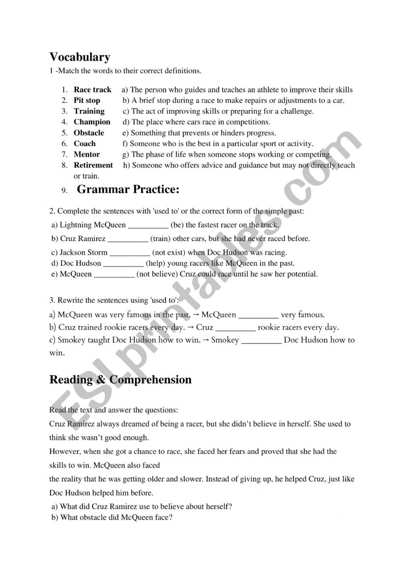 Cars 3 - Used to  worksheet
