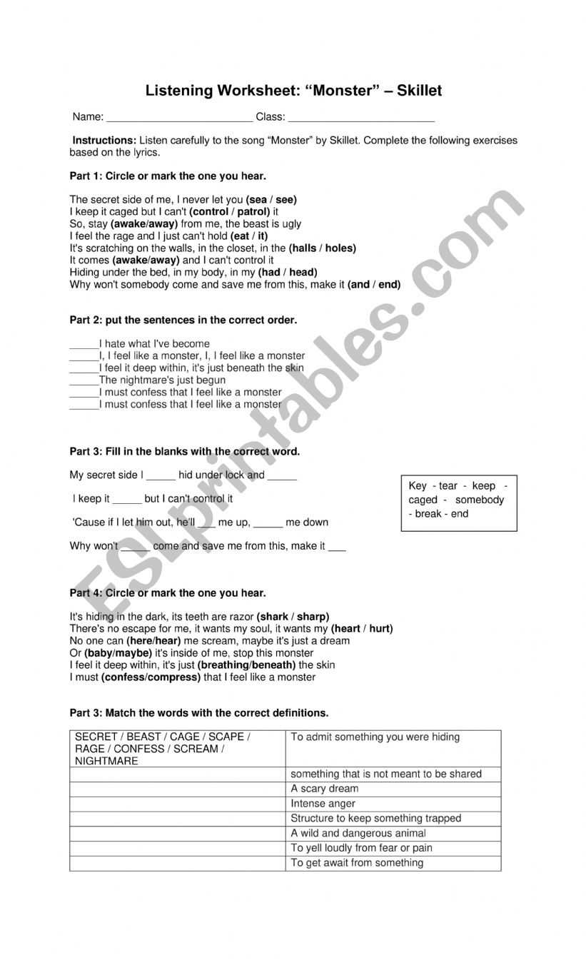 Listening Monster by Skillet worksheet
