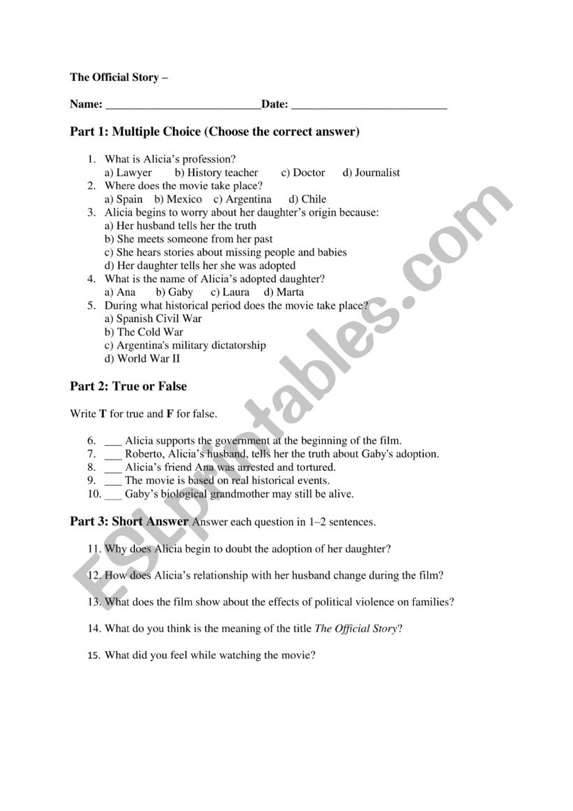 THE OFFICIAL STORY worksheet