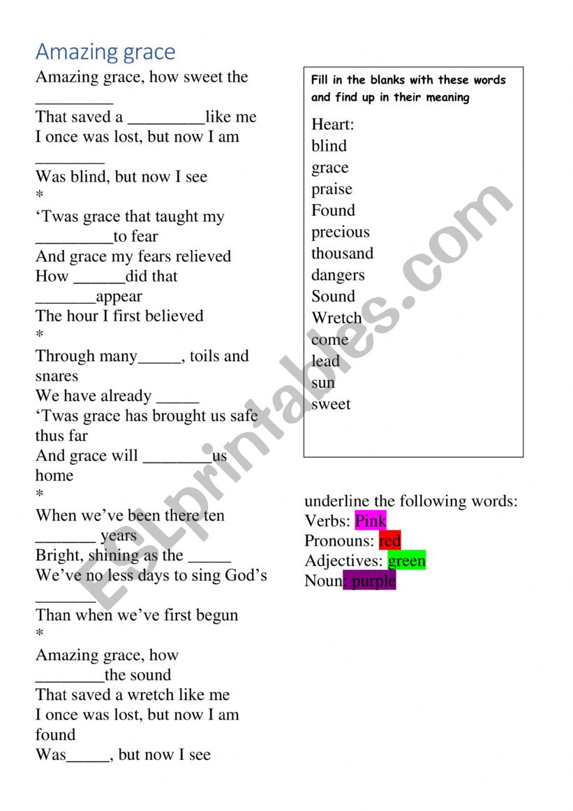 AMAZING GRACE SONG WORKSHEET  worksheet