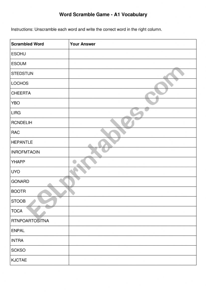 Word Scramble Game - A1 Vocabulary Word Scramble Game - A1 Vocabulary