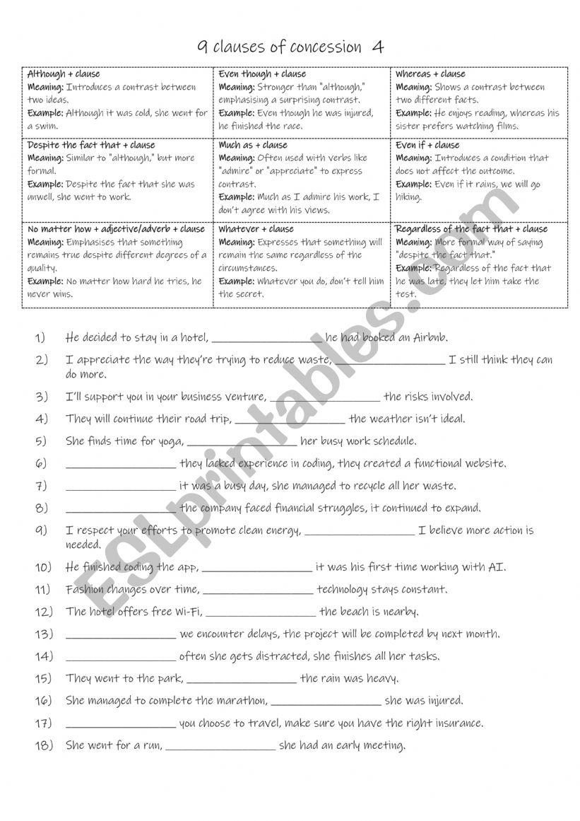 9 clauses of concession 4 worksheet 9 clauses of concession 4 worksheet