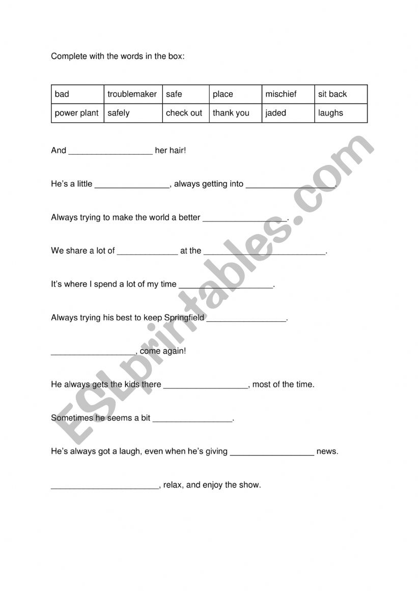 Simpsons vocabulary worksheet worksheet