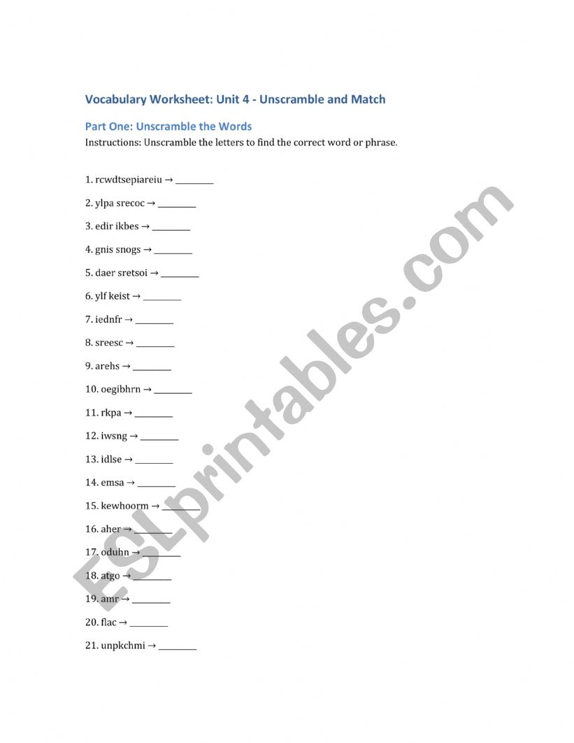unscamble worksheet