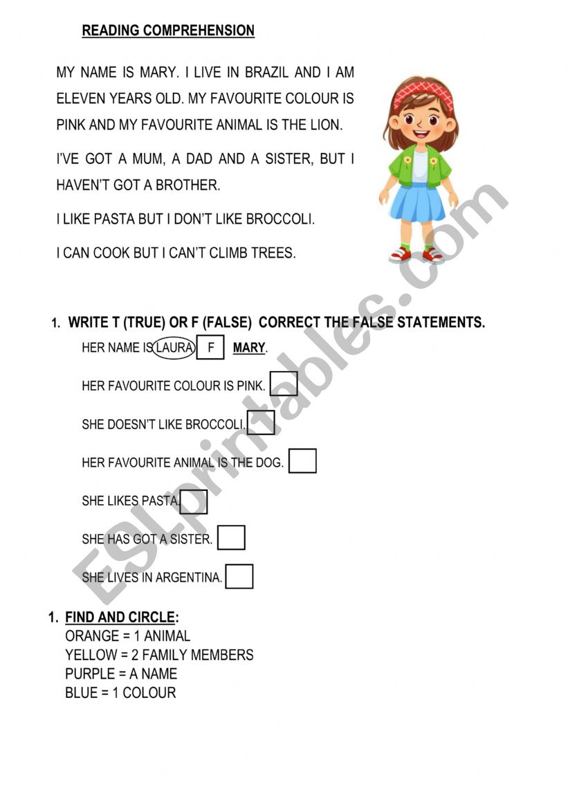 Reading comprehension  kids  worksheet