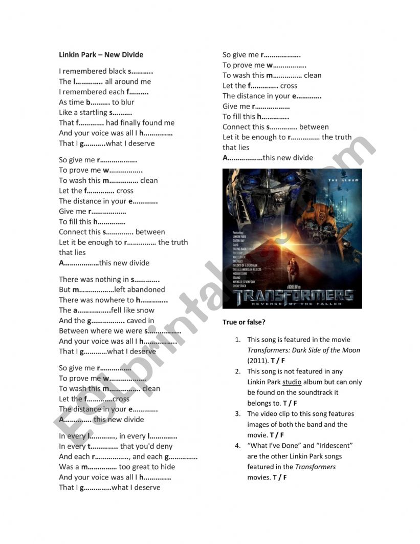 Linkin Park - New Divide worksheet