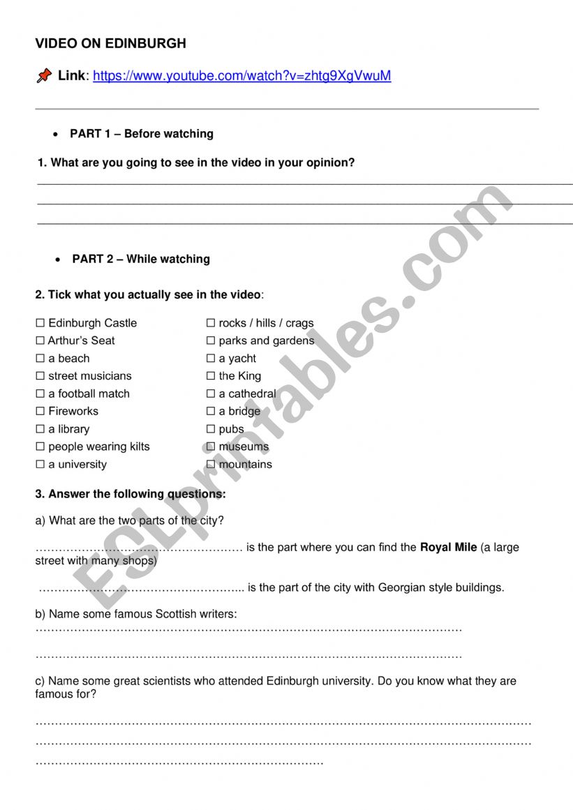 VIDEO ON EDINBURGH worksheet