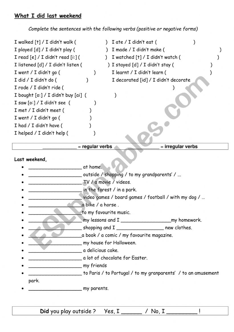What I did last weekend worksheet