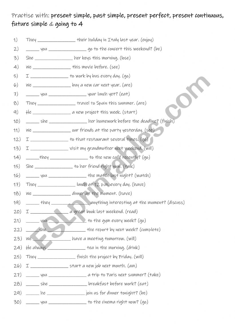 A2+-B1 Practise with present simple, past simple, present perfect, present continuous, future simple & going to 4 A2+-B1 Practise with present simple, past simple, present perfect, present continuous, future simple & going to 4