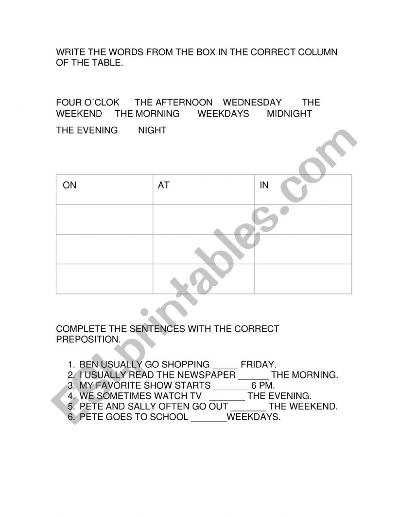 prepositions in, on and at worksheet