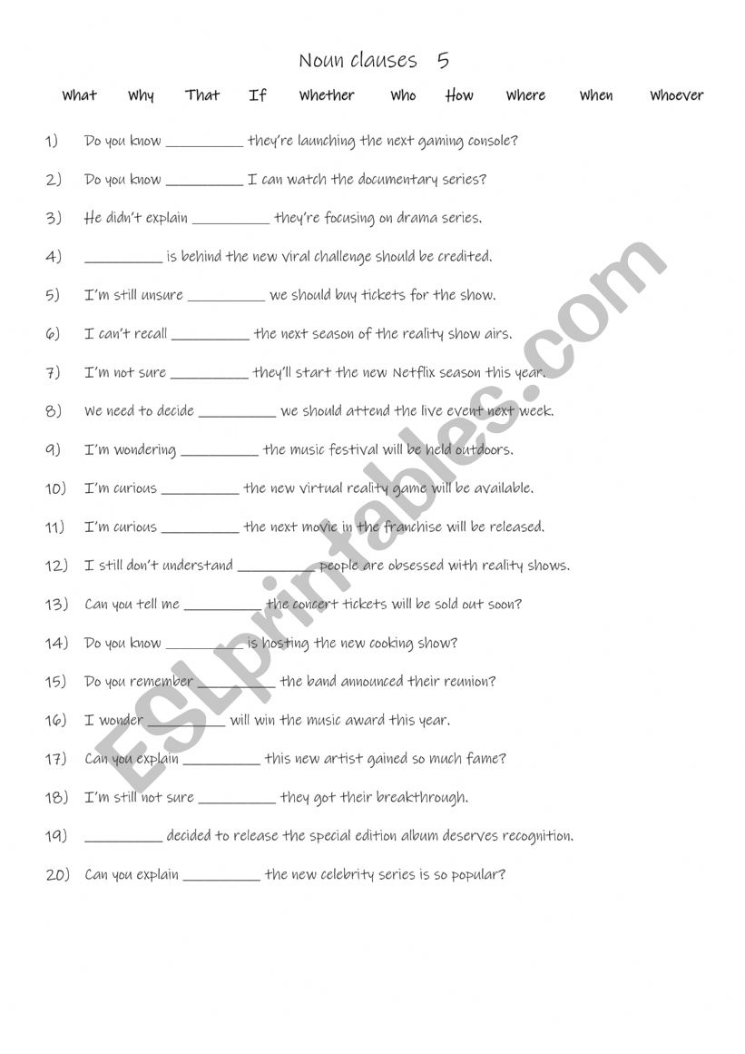 10 Noun clauses 5 worksheet
