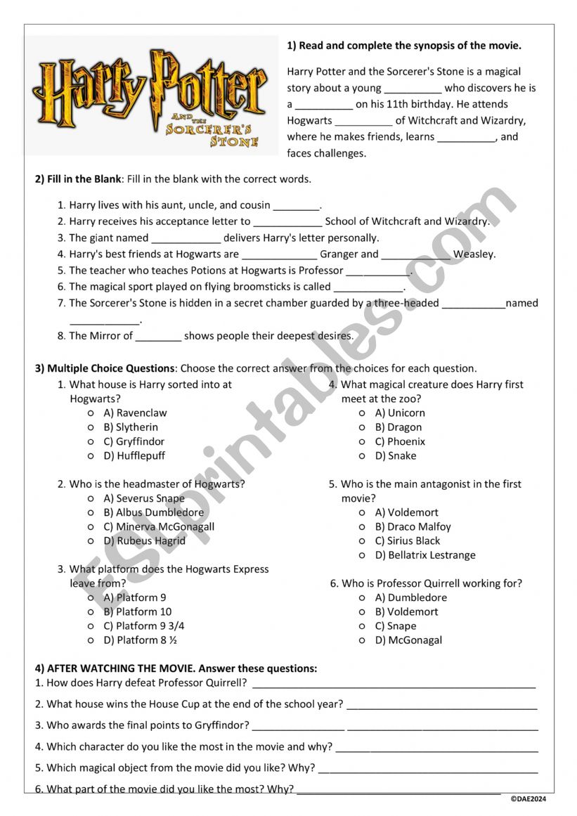 Harry Potter And The Sorcere�s Stone Movie Worksheet