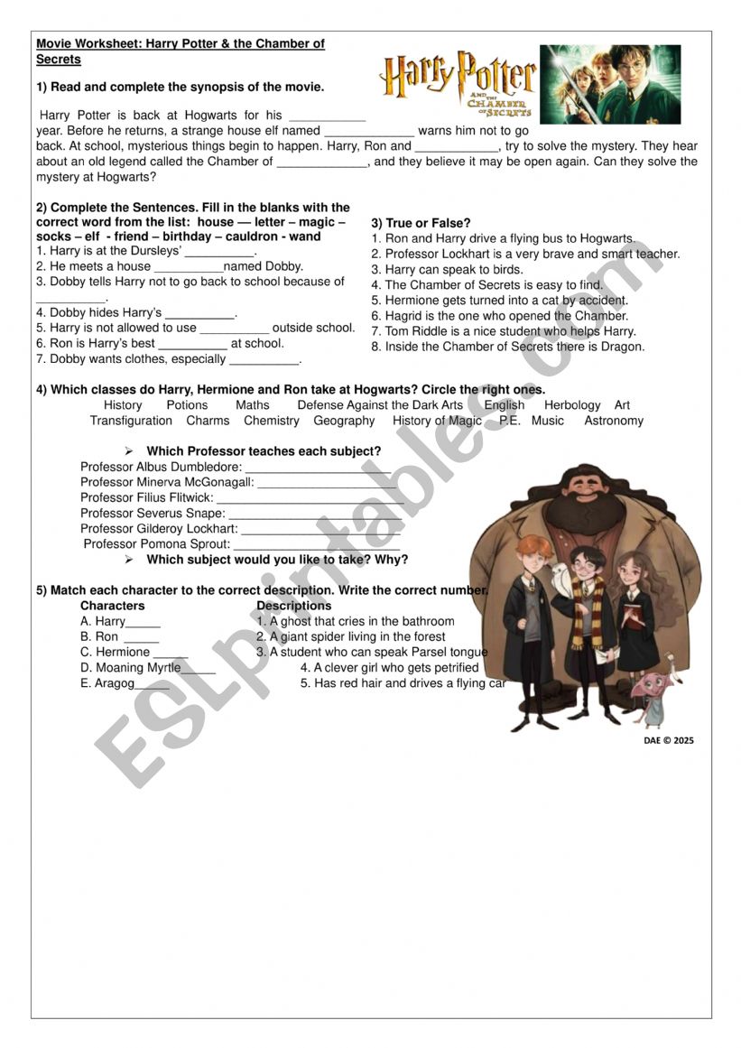 Harry Potter And The Camber of Secrets Movie Worksheet