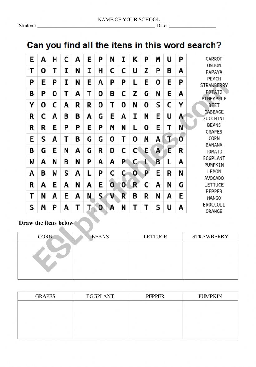 Fruits and vegetables word search and draw