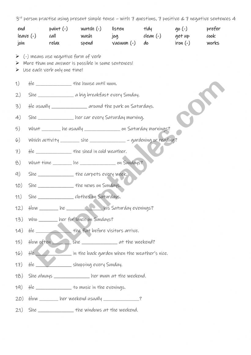 3rd person practise using present simple tense – with positive & negative sentences + questions 4 3rd person practise using present simple tense – with positive & negative sentences + questions 4
