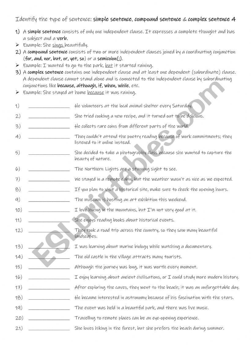 A2 Identify the type of sentence simple sentence, compound sentence & complex sentence 4